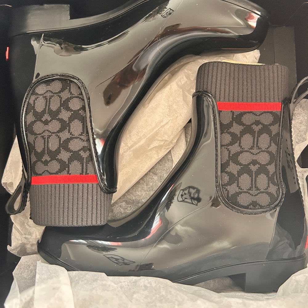 Coach Glossy Black Rain Boots with Red Trim - Picture 3 of 4